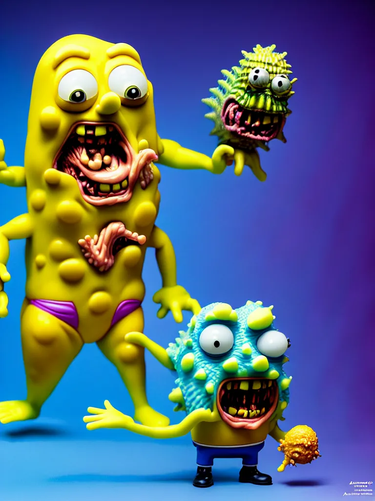 Prompt: hyperrealistic rendering, fat smooth john carpenter flesh monster spongebob by art of skinner and richard corben and jeff easley, product photography, action figure, sofubi, studio lighting, colored gels, colored background