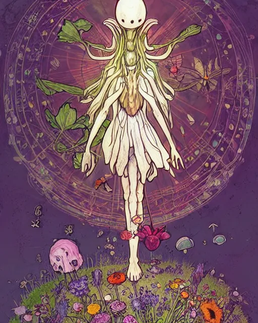 Image similar to the platonic ideal of flowers, sprouting, insects and praying of cletus kasady carnage davinci mandala ponyo alice in wonderland dinotopia watership down, hollow knight, d & d, fantasy, ego death, mdma, dmt, psilocybin, concept art by greg rutkowski and simon stalenhag and alphonse mucha and john bauer