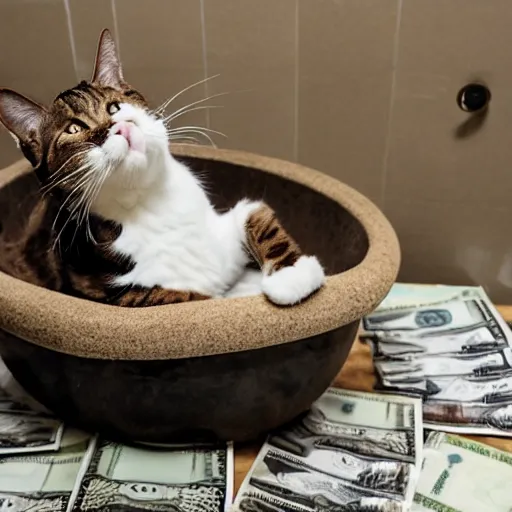 Image similar to brown floppa cat laying on stacks of money in bathtub