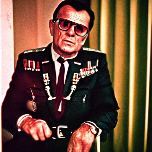 Prompt: 60s movie still close portrait of Josip Broz Tito, cinestill 800t eastmancolor, dramatic expression, very detailed, skin texture, high quality