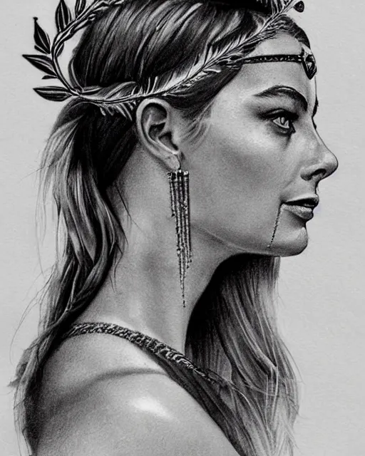 Image similar to realism tattoo sketch of margot robbie as a beautiful greek goddess aphrodite with piercing eyes wearing a laurel wreath and triangle earrings, in the style of greg rutkowski, amazing detail, side view