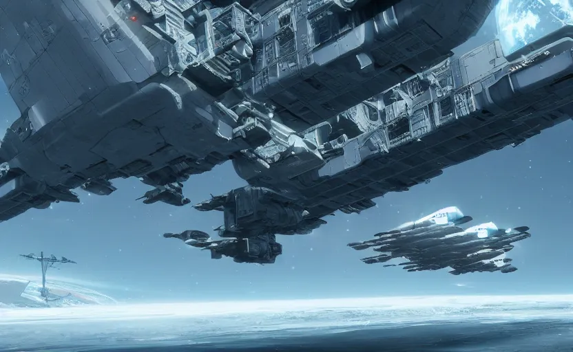 Prompt: photo of cyberpunk aircarrier taking off from the frozen surface of europa, ultra detailed, movie frame, cinematical composition, 4 k, breaking bad