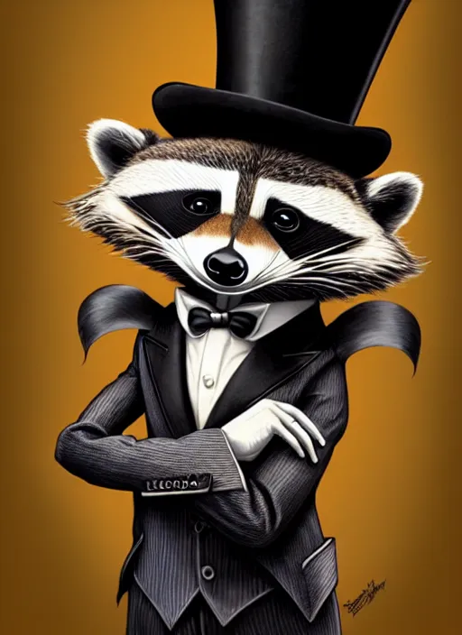 Image similar to an anthropomorphic raccoon in a fancy suit and a top hat, pixar style by tristan eaton, artgerm, tom bagshaw