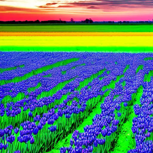 Image similar to A 4k photo of a field of tulips, blue skies, high contrast, early morning