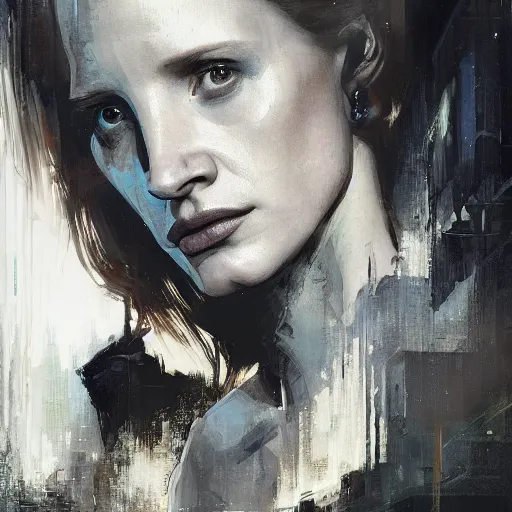 Image similar to jessica chastain, hyperrealistic portrait, bladerunner street, art of elysium by jeremy mann and alphonse mucha, fantasy art, photo realistic, dynamic lighting, artstation, poster, volumetric lighting, very detailed face, 4 k, award winning