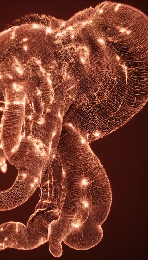 Image similar to 8K UHD Houdini Recursive structure, a fractal elephant, background bioluminescent swirling smoke wisps, natural gradient palette, volumetric lighting, 18 mm lens