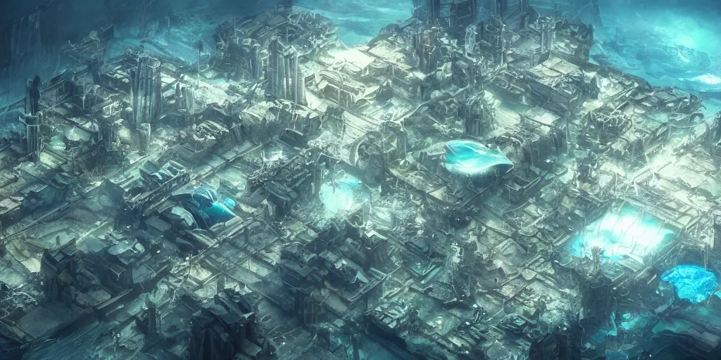 Prompt: massive underwater city, advance technology, bioluminescent, futuristic, photo realistic