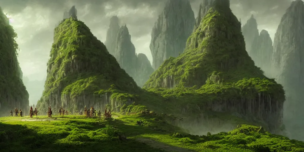 Prompt: goblins stand in the middle of the road, there is a lost city on the cliff in the distance, the city is full of green plants, 4 k resolution, ultra detailed, matte oil painting, mysterious, artstation, art by greg rutkowski