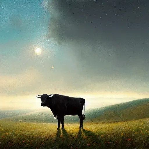 Prompt: a detailed landscape painting of a starry cow standing in a grassy field wearing a witch hat, cow wearing hat!!! viewed in profile and far away, fog in the background, ultrawide lens, aerial photography, black and blue color scheme with gold highlights, art by greg rutkowski and and rembrandt and alphonse mucha, artstation, 8 k