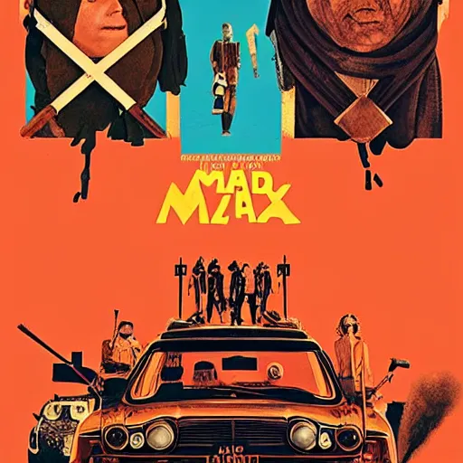 Image similar to wes anderson poster of mad max,