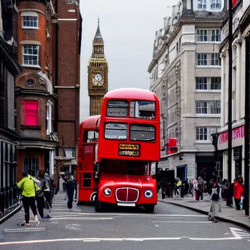 Image similar to a giant ant in a london street with a red double decker bus in it's jaws and people running in horror, photography, cinematic