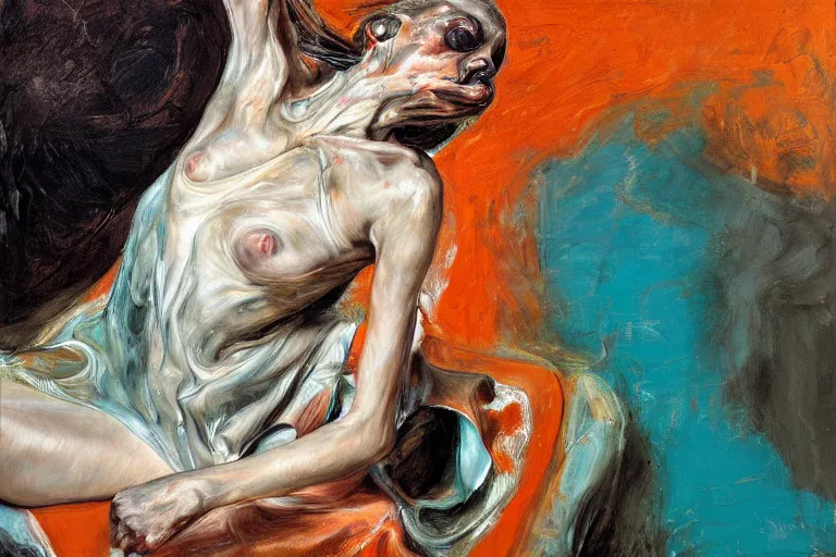 Image similar to high quality high detail painting of a ballerina in agony by lucian freud and jenny saville and francis bacon, hd, dark demonic dancer, turquoise and orange