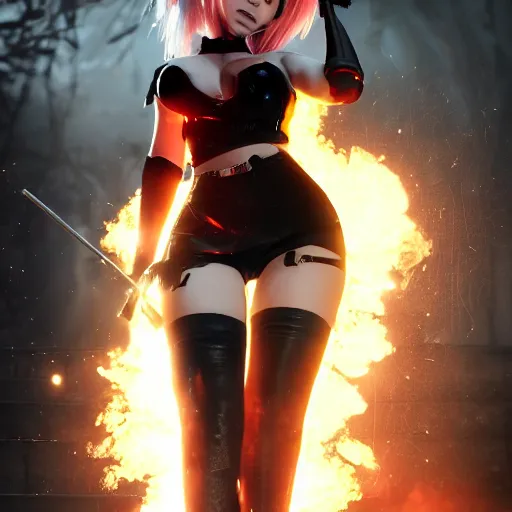 Image similar to photo of Harley Quinn as 2B nier automata, fire in background, bokeh, medium full shot, highly detailed skin and detailed face, artstation, artstation HQ, hd, 4k resolution