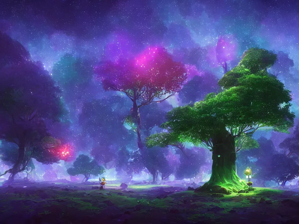 Image similar to a magical tree glowing with starry dusted light, deep color, fantasy art, by beeple and pixar and avatar vivid glowing colors, extreme detail, studio ghibli and pixar and abzu, rendering, cryengine, deep colors, purple and blue and green colors, vray render, cgsociety