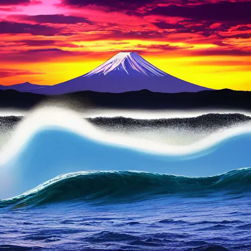 Image similar to Photo of a Giant Wave with mount fuji in the background, wave larger than mount fuji, mount fuji in the distance, highly detailed