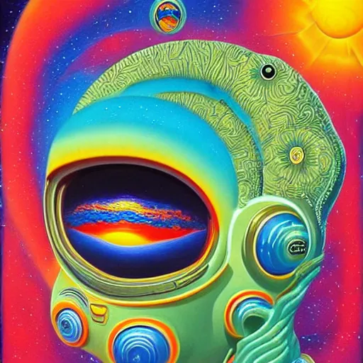 Image similar to psychedelic astronaut surfing through the cosmos in the style of octavio ocampo naoto hattori, cg society, trending on artstation, award winning