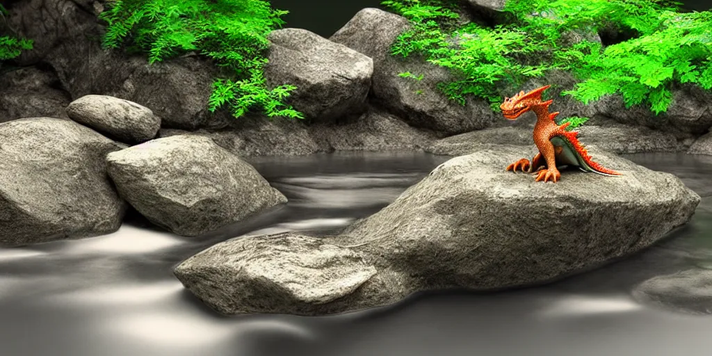 Image similar to A small dragon sitting on a glistening creek rock, flowing clear water creek bed, photorealistic 3D artwork.