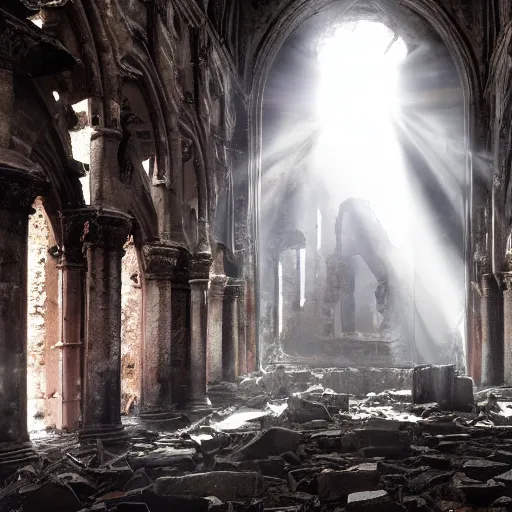 Prompt: a ruined cathedral with skeletal remains on the floor, sunlight shining through holes on the ruin walls, dark red orbs float inside the ruined cathedral, realistic lighting