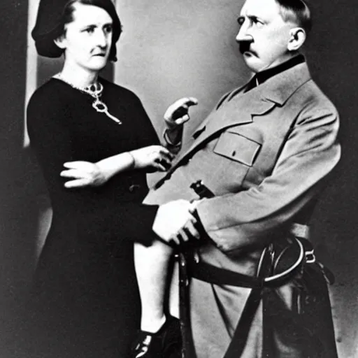 Image similar to Adolf Hitler's mom is holding his ears as a punishment