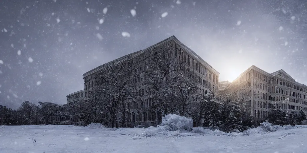 Prompt: huge building, trending on artstation, 4 k, tyndall effect, snow day ， cinematic ， ultra wide angle