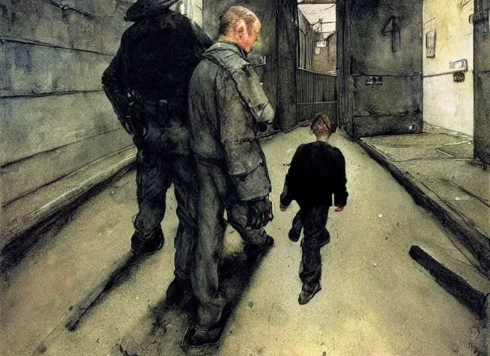 Prompt: dark alley with a poor child being arrested by a futuristic cop with children all around him, painting by andrew wyeth and alan lee, very detailed, somber mood,