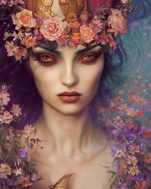 Prompt: portrait of the arabic queen of the underworld, surrounded by flowers by karol bak, james jean, tom bagshaw, rococo, sharp focus, trending on artstation, cinematic lighting, hyper realism, octane render, 8 k, hyper detailed.