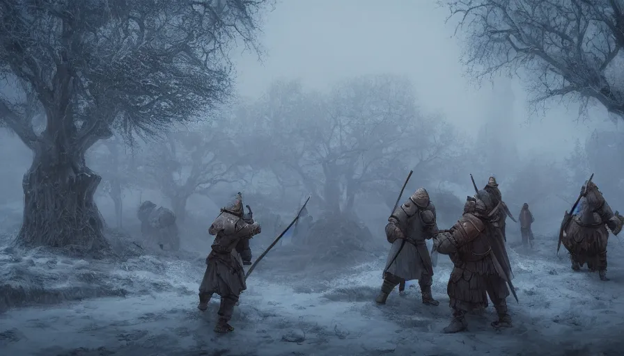 Image similar to four knights fighting in the old foggy village near a well, one knight in the foreground, three knight in the middleground, painted in the style of stepan alekseev chosac, winter, dark atmosphere, highly detailed, uplight, 8k, unreal engine, octane rendered, wow