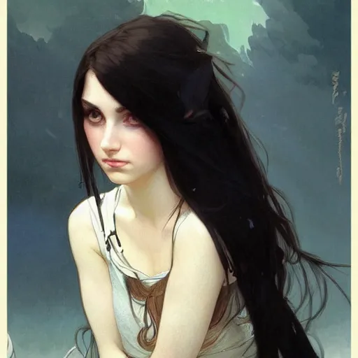 Prompt: emo girl and her cat, with long dark hair, thick eyebrows!!! deep dark big eyes and dark circles!, wide nose!!!, oval face shape, big cheeks!, by greg rutkowski and alphonse mucha, trending on artstation