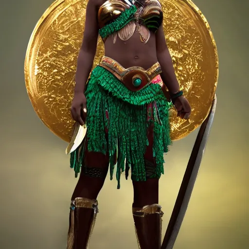 Prompt: long shot photo of a female amazon warrior with malachite armour, 4k