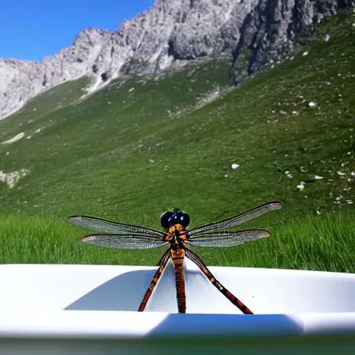 Image similar to dragonfly in a bathtub in the alps, goats! in background