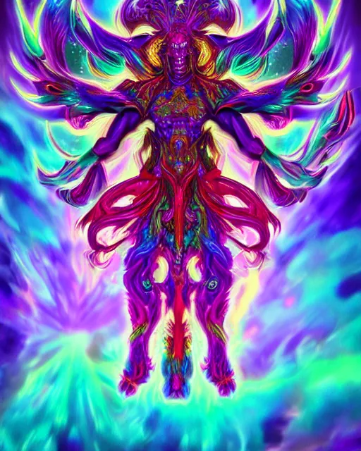 Image similar to psychedelic rainbow flamer of tzeentch, trending on artstation