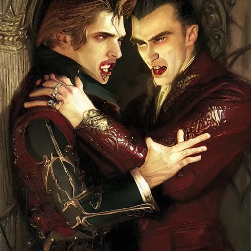 Image similar to attractive male, arthur pendragon confesses his love to attractive male dracula the vampire. highly detailed painting by gaston bussiere, craig mullins, j. c. leyendecker 8 k