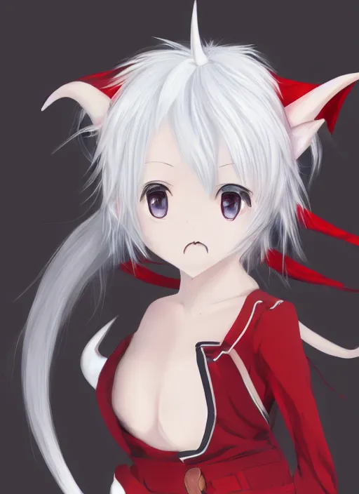 Prompt: white hair, red eyes, elf ears, two small horn on the head, anime style, anime girl, sketch, 4k, beautiful art