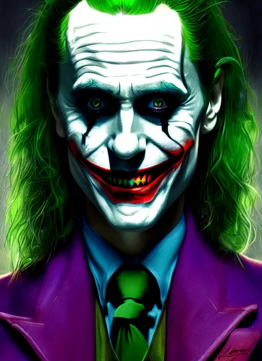 Image similar to portrait of jared leto as the joker, green hair, intricate, elegant, glowing lights, highly detailed, digital painting, artstation, concept art, sharp focus, illustration, art by wlop, mars ravelo and greg rutkowski