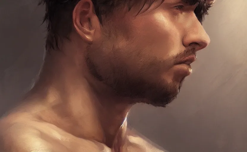 Image similar to a painting of arkul trending on artstation in the style of greg rutkowski, beautiful, male, sensual, natural skin, muscular, stubble, warrior, tattoos