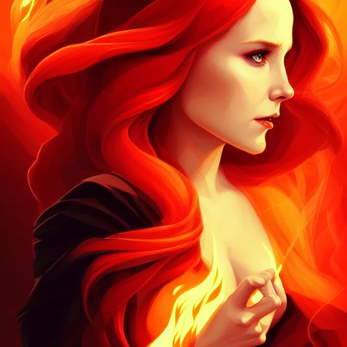 Image similar to style artgerm, joshua middleton, beautiful kristen bell with dark red dress, very long orange hair, symmetrical face, symmetrical eyes, fire powers fire swirling, detailed, volcano setting, [ potato ] cinematic lighting