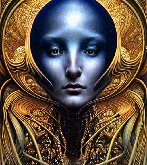 Prompt: detailed realistic beautiful young cher alien robot as queen of andromeda galaxy portrait by jean delville, gustave dore and marco mazzoni, art nouveau, symbolist, visionary, baroque giant fractal details. horizontal symmetry by zdzisław beksinski, iris van herpen, raymond swanland and alphonse mucha. highly detailed, hyper - real, beautiful