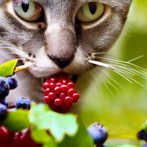 Image similar to cctv footage of a cat eating berries. close up. caught on camera