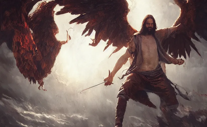 Image similar to Jesus Christ fighting Lucifer, detailed face, digital art,ultra realistic,ultra detailed, ultra wide Lens, art by greg rutkowski