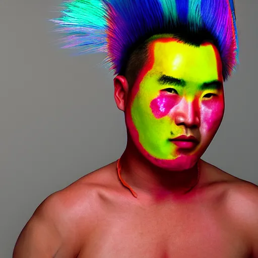 Image similar to chinese man with rainbow mohawk, portrait photo,