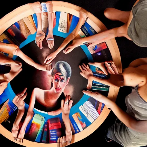 Image similar to A beautiful body art of a group of people standing around a circular table. In the center of the table is a large, open book. The people in the body art are looking at the book with interest and appear to be discussing its contents. obsidian by Edward Steichen, by Scott Listfield neat