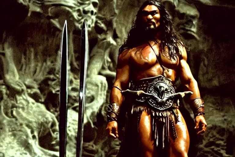 Prompt: 7 0 mm film still from conan the barbarian, jason momoa as conan with a giant sword wearing ornate dragon armor in the wet catacombs of skulls and snakes, cinematic, volumetric lighting, mist, wet skin and windblown hair, muscular!!!, heroic masculine pose, ridley scott