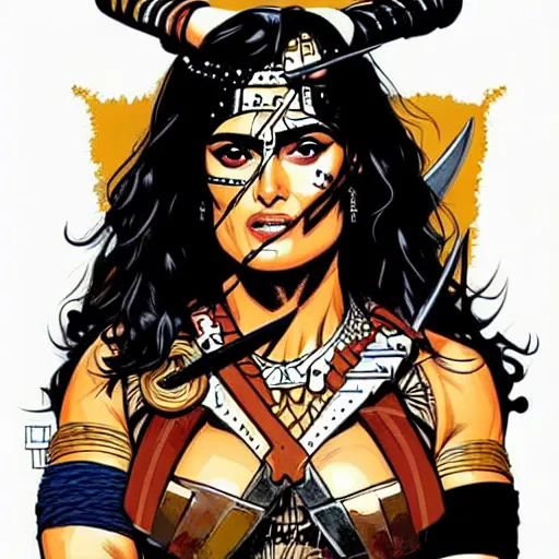 Prompt: illustration of Salma Hayek as a barbarian warrior intricate details by MARVEL comics and Sandra Chevrier , elegant, highly detailed , centered