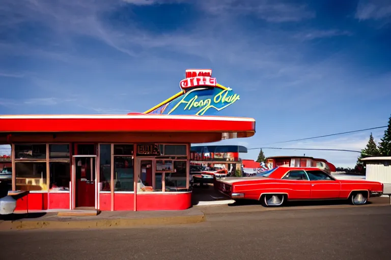 Prompt: 1 9 7 5 googie oregon mt. hood themed classic american diner, people sitting at tables, googie architecture, one point perspective, americana, restaurant exterior photography, hd 4 k, taken by alex webb