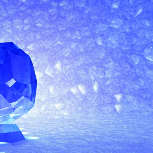 Image similar to subtle glowing crystal, 3d render, resting on the ground of a cerulean cave, walls of ice and bone, realistic, anime inspired, high octant render, smooth lighting,