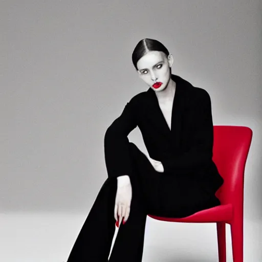 Image similar to fashion model on red chair, official jil sander editorial