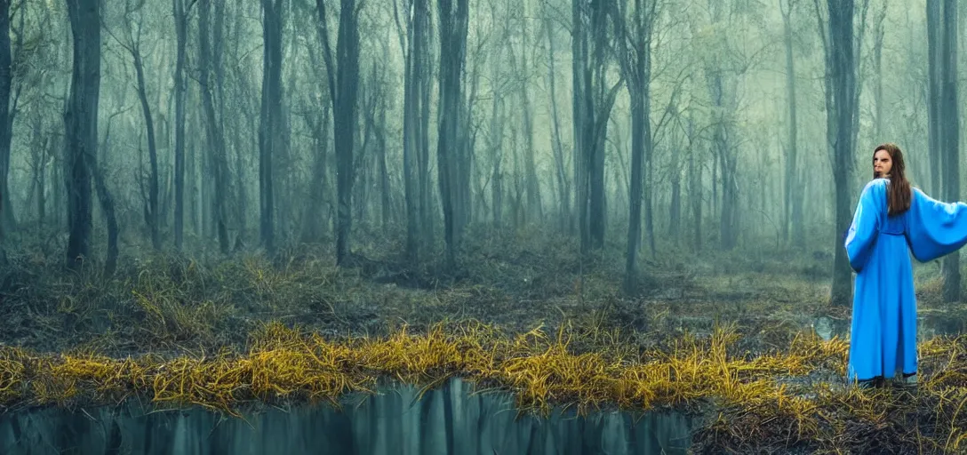 Image similar to an angel in blue and yellow robes in a swamp, sunny weather, foggy, cinematic shot, photo still from movie by denis villeneuve