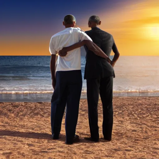 Prompt: Walter White hugging Barak Obama on the beach, sunset, zoomed in