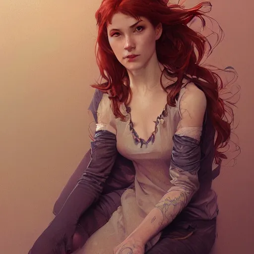 Image similar to A full portrait of Mary Jane Watson, intricate, elegant, highly detailed, digital painting, artstation, concept art, smooth, sharp focus, illustration, art by Krenz Cushart and Artem Demura and alphonse mucha