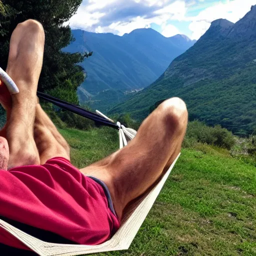 Image similar to my older italian wise friend on a hammock, reading new book, gravity is strong, he is very relaxed, snug legs, mountains in a background